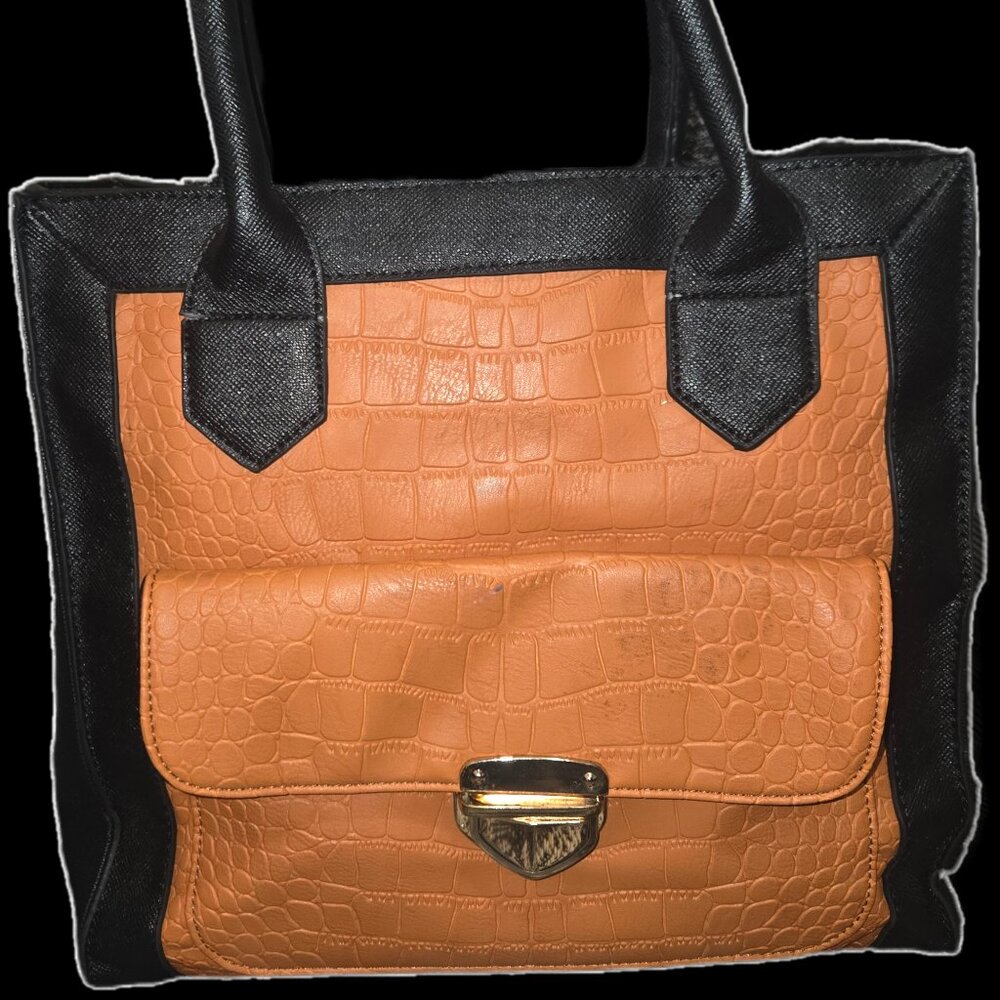 two-tone black frame tan crocodile-embossed structured satchel